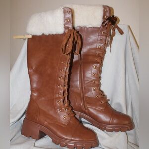 Shoedazzle Machara Size 10 Brown Lace Up Knee High Boots w/White Faux Fur Trim